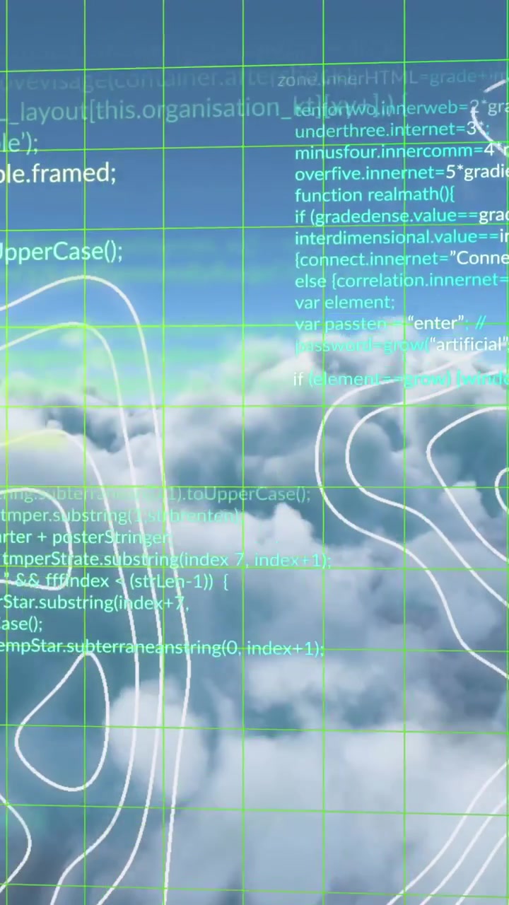 Animation of data processing and topography over grid network against clouds in the sky