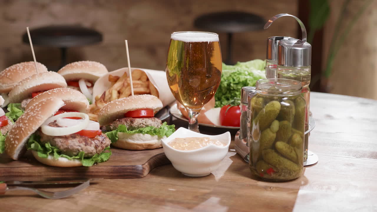 Burgers, Fries and Beer Still Life