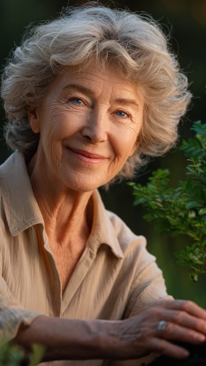 A Portrait of Joy: An Elderly Woman Smiles Radiantly While Gently Touching a Vibrant Green Plant, Showcasing a Connection with Nature and Life's Beauty