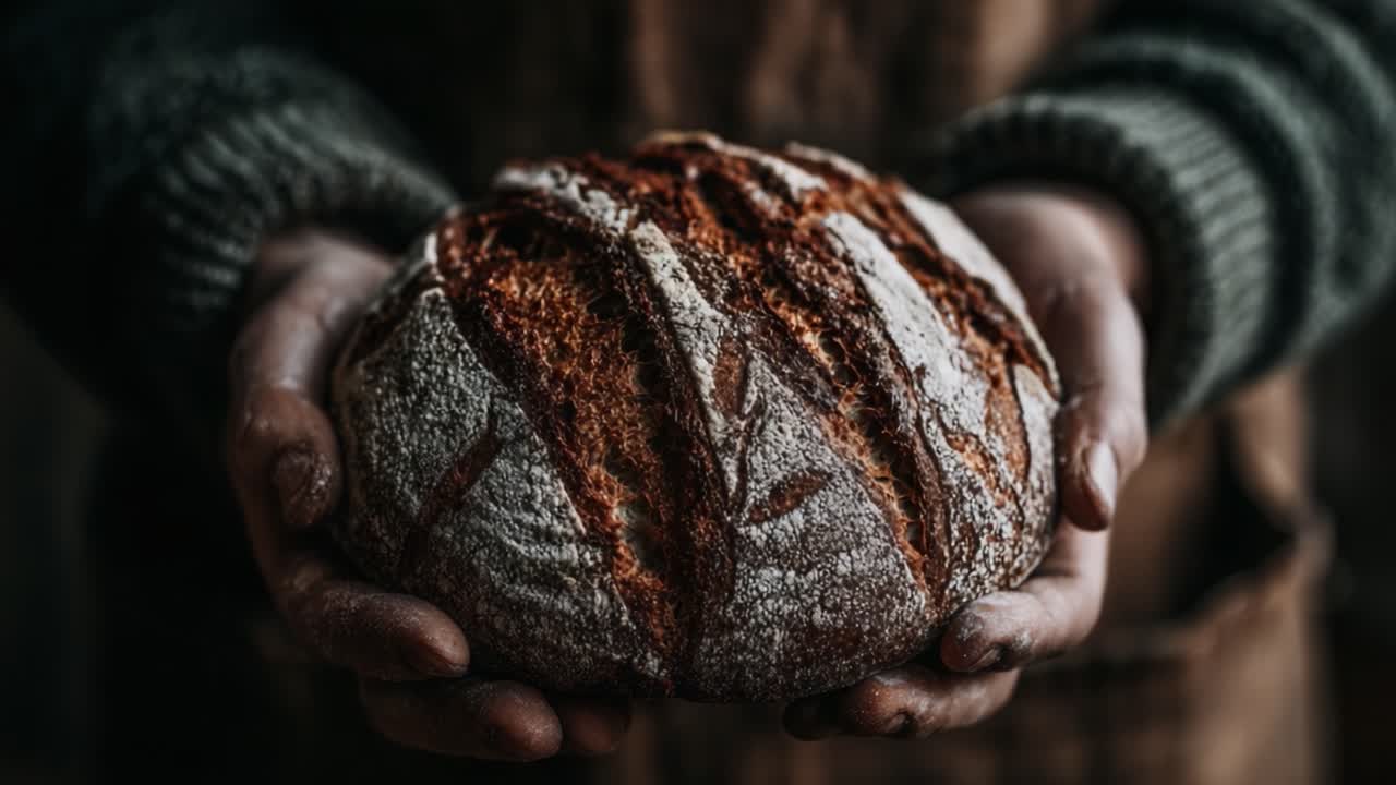Crafted with Passion: A Master Baker Presents a Rustic Loaf of Freshly Baked Artisan Bread, Showcasing Perfect Crust and Texture with Artisan Technique