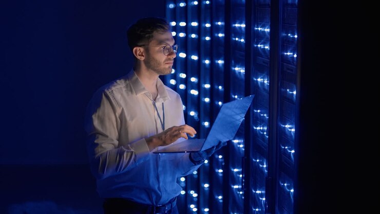 Male network engineer doing a system check standing in the server room with his laptop. At data center men server specialists inspecting working system and hardware of rack server computer cabinets