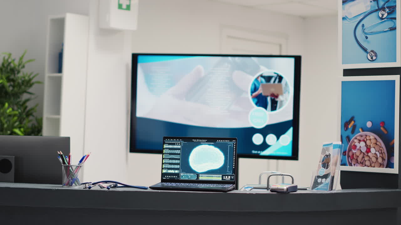 Laptop running brain diagnosis on desk