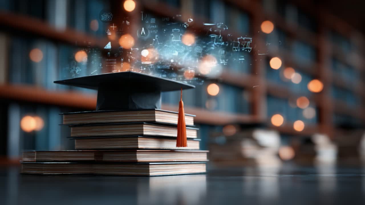 Exploring the Fusion of Knowledge and Technology: A Graduation Cap Resting on a Stack of Books, Symbolizing Academic Achievement and Innovative Learning Methods