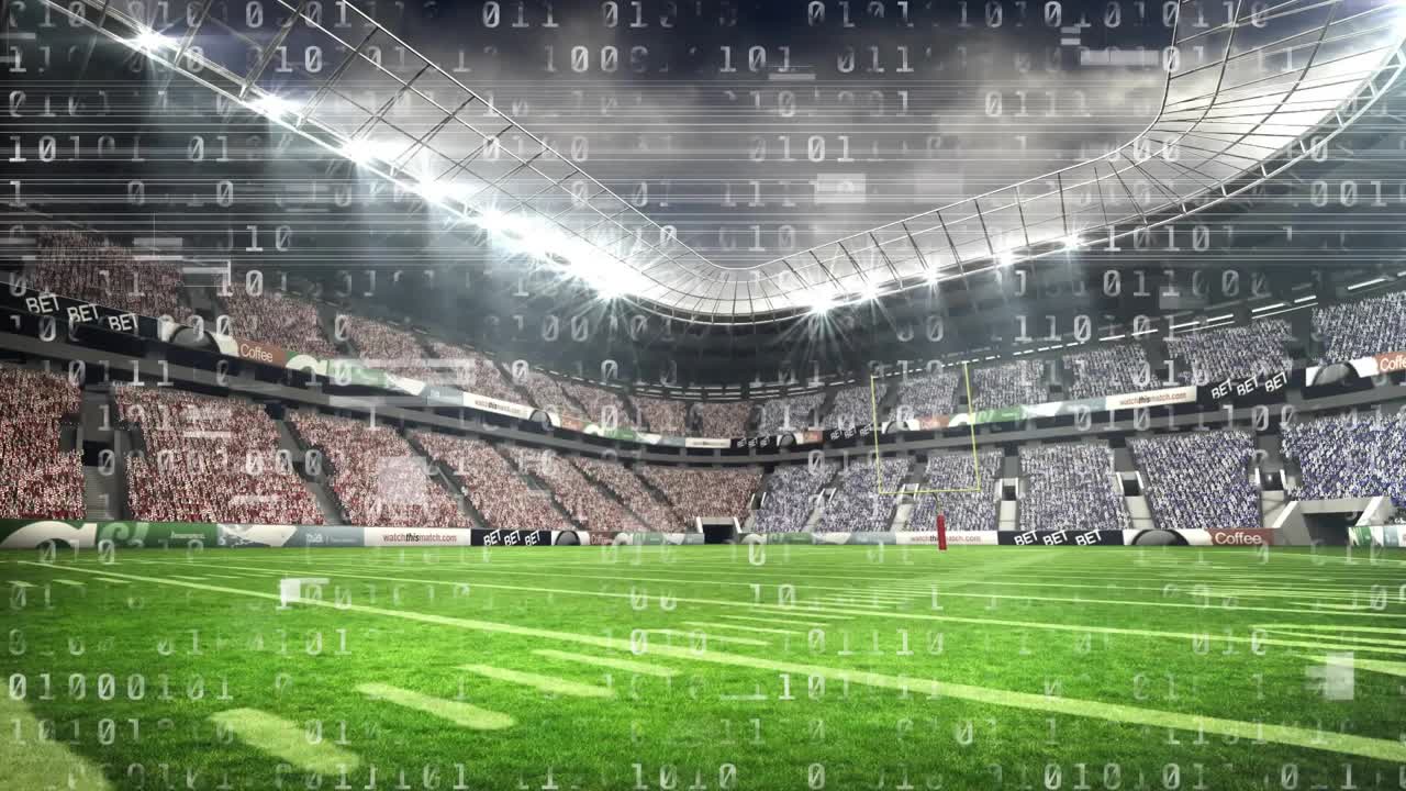Upon camera opening stadium, binary streams pulsing over field and stands visualizing data flow