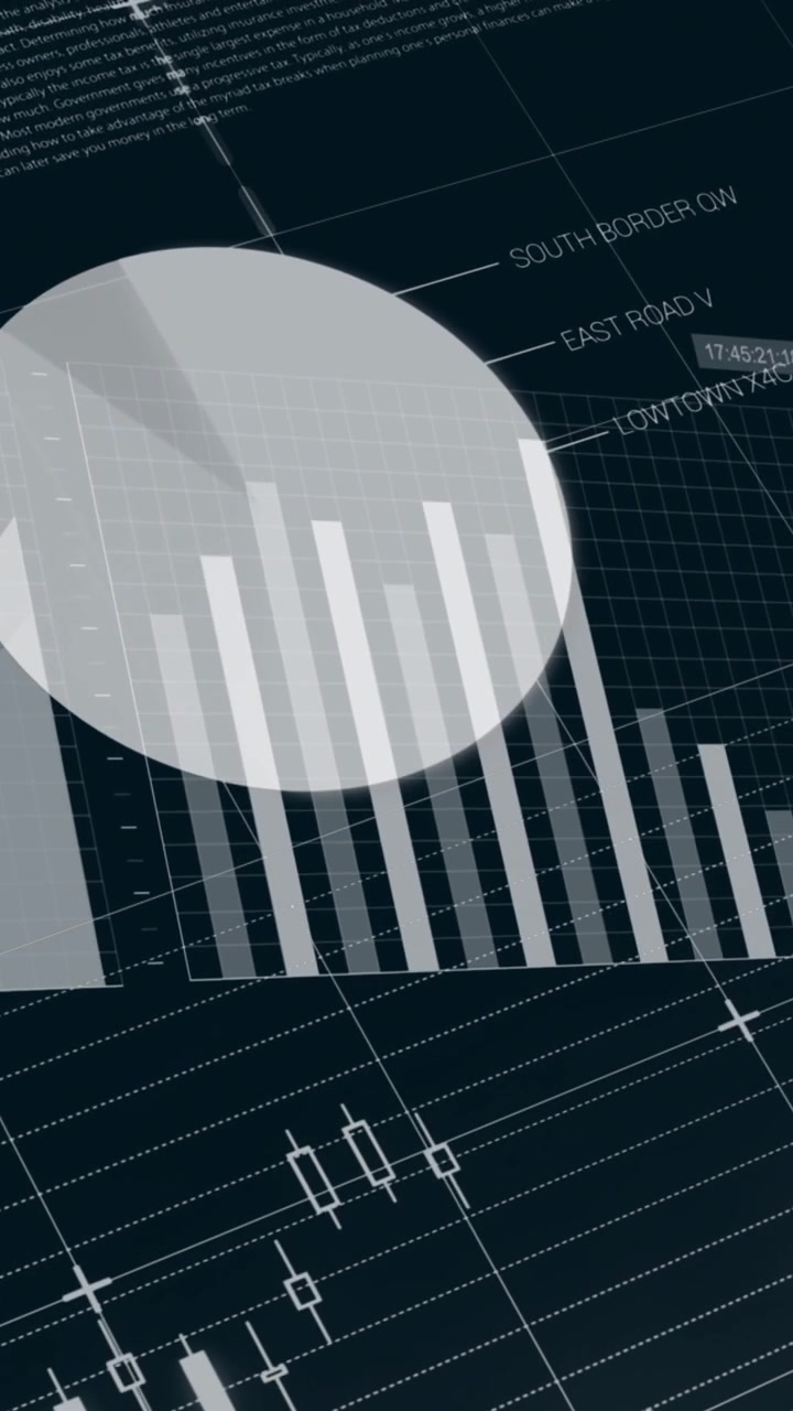 Animation af infografisk interface over grafer og kort mod sort baggrund.