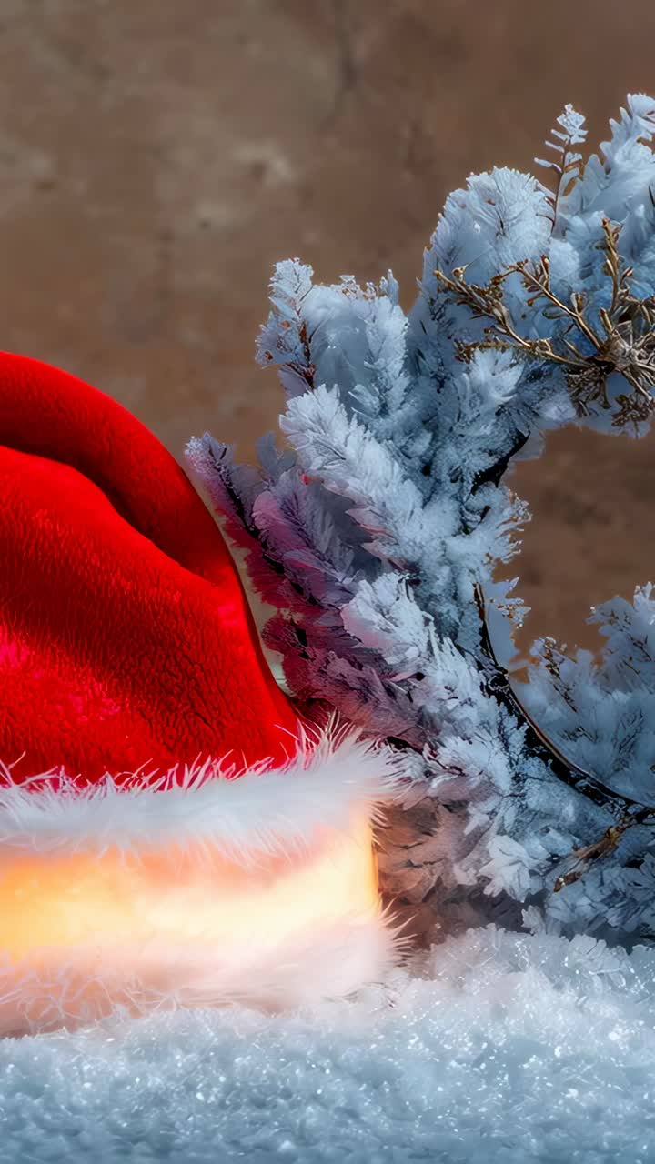 Vertical video: Sweeping LED band crossing red Santa hat on table, lighting frosted branch and snow