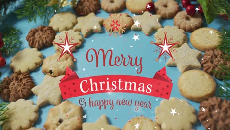 animation of merry christmas and happy new year text over cookies on blue background