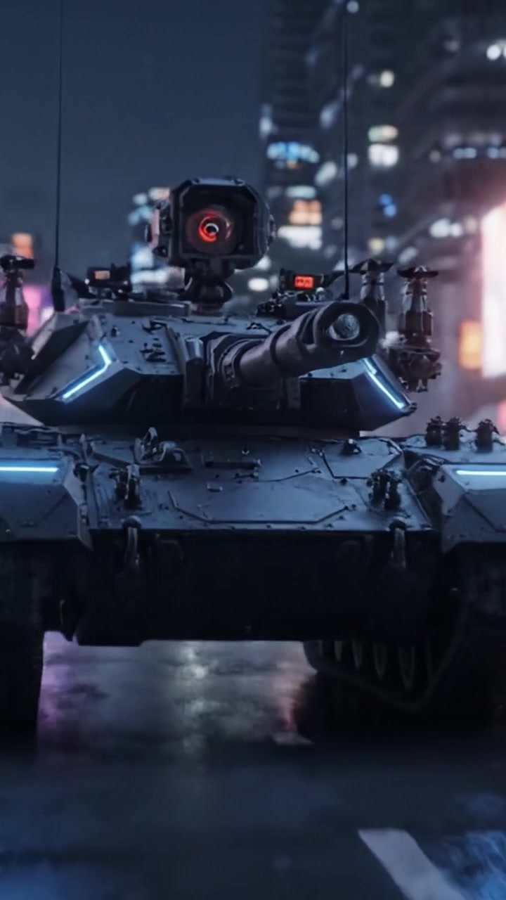 Futuristic Combat Vehicle in Urban Nightscape: A Cutting-Edge Tank Showcasing High-Tech Features Against a City Backdrop