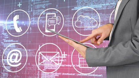 composición digital de un hombre de negocios que usa una tableta digital contra iconos digitales y procesamiento de datos
