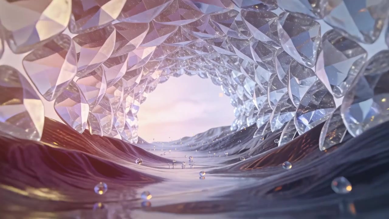 Moving low camera gliding through faceted crystal tunnel over shiny water, revealing pastel sky