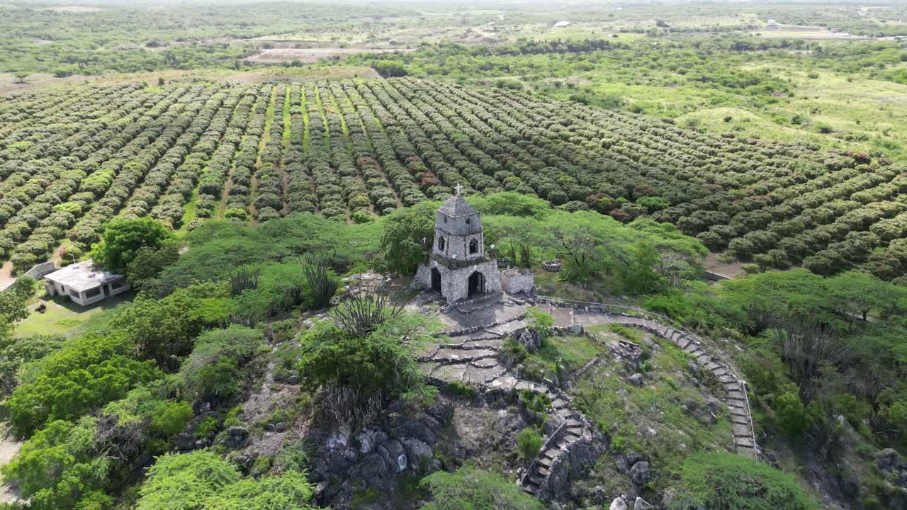Aerial view of the picturesque stone church Santuario San Mart&iacute;n de Porres near Ban&iacute; in the Peravia province of Dominican Republic