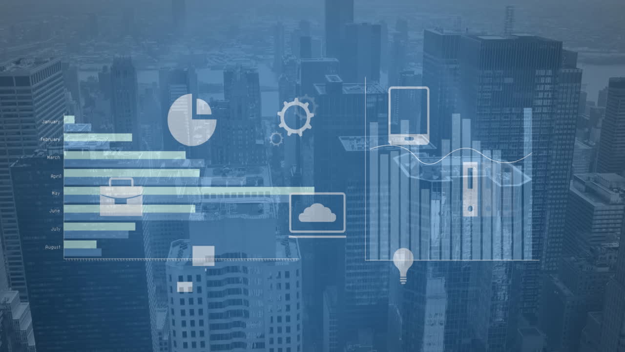 animación del procesamiento de datos financieros sobre el paisaje urbano