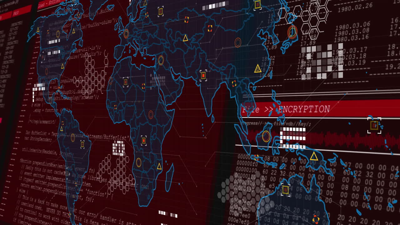 Animation of digital world map with encryption and data processing on red background