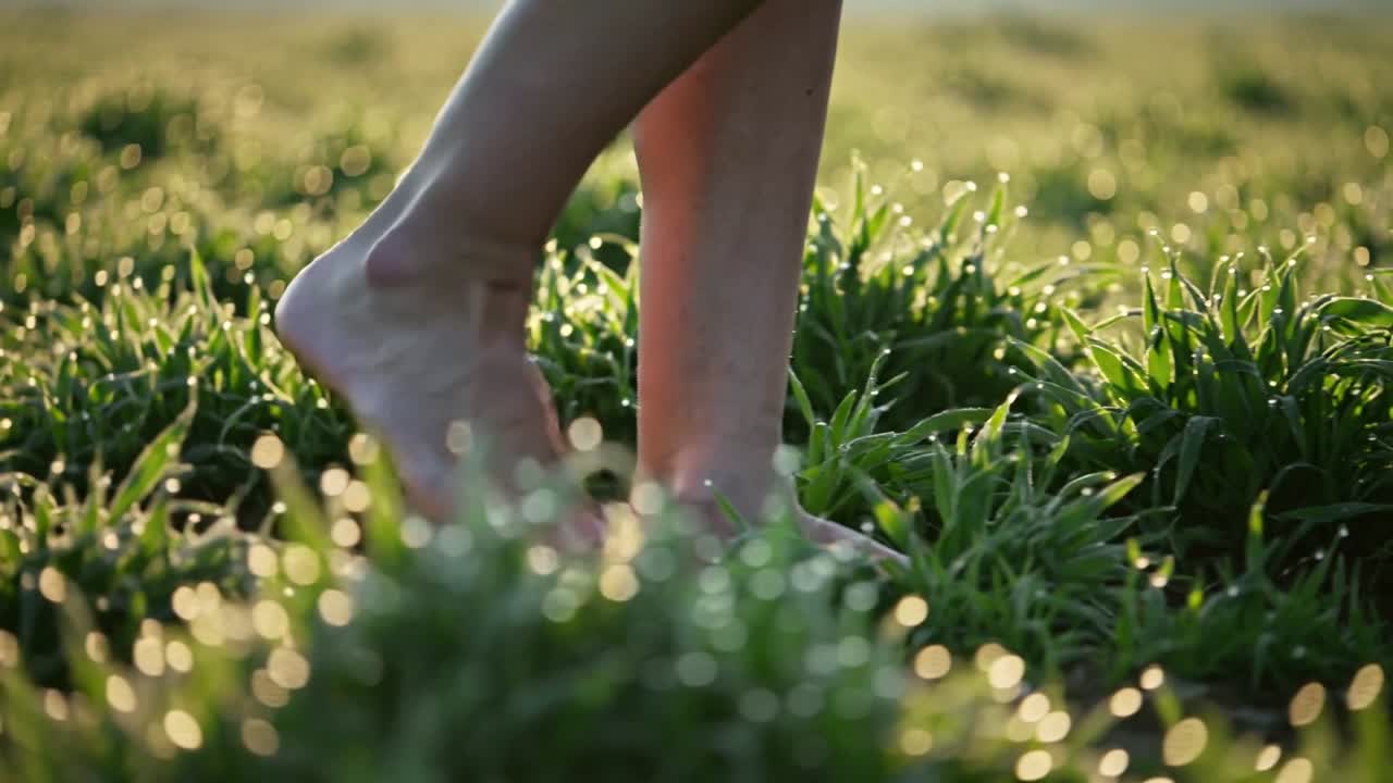 Walking person's lower legs and bare feet, toes touching dew, starting step feeling morning dew