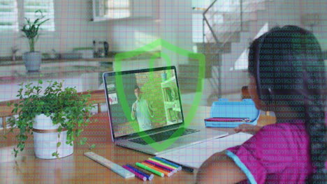 animation of digital padlock with biracial girl having school video call