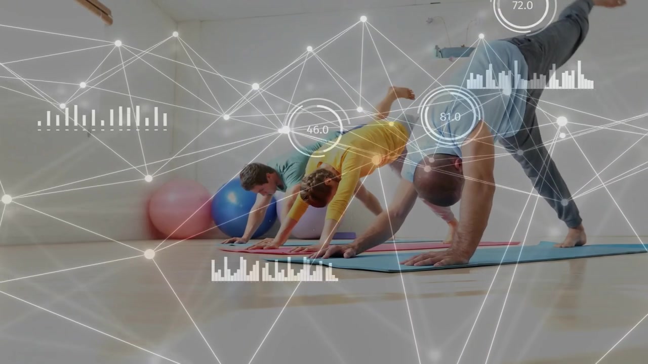 Center woman and two men holding fitness pose, repeating leg lifts, HUD metrics guiding