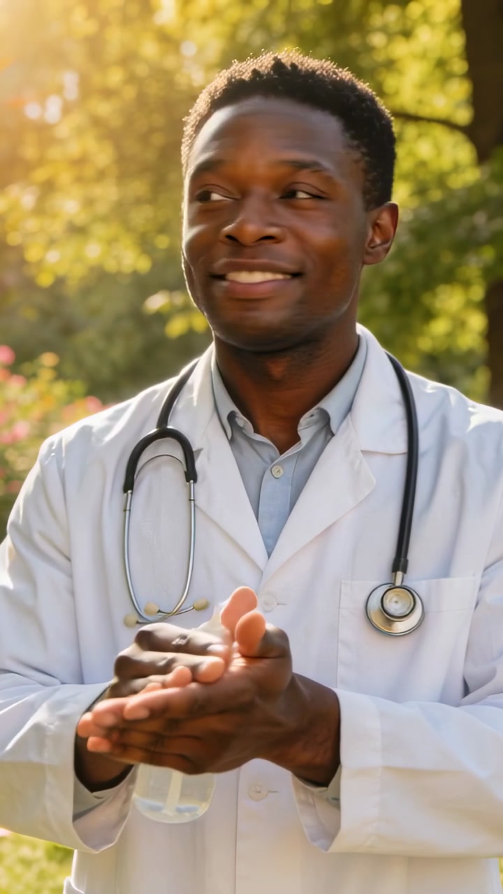 Pressing pump clinician pumping sanitizer, rubbing hands for hygiene in park, lab coat stethoscope