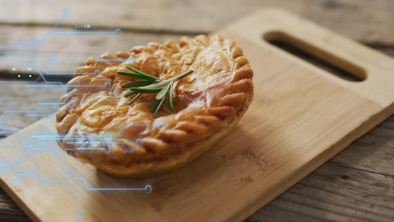 Holographic overlays appearing beside savory pie, scanning braided crust for analysis