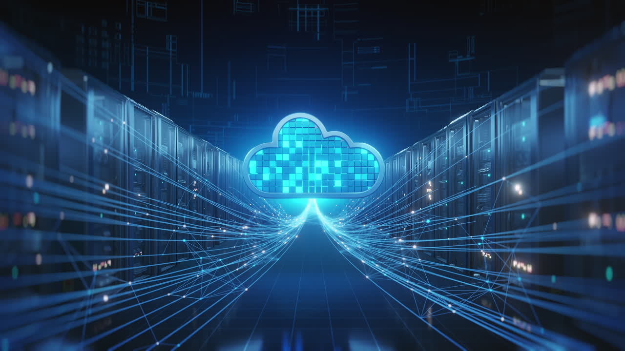 Abstract visual representation of cloud computing and data storage within a modern data center, showing digital network connections and information flow between servers and the cloud