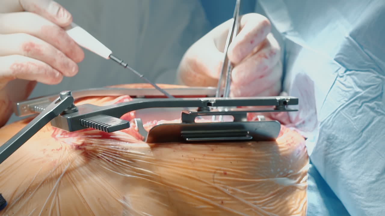 el médico opera el corazón del paciente con un bisturí láser de primer plano. el cirujano opera con fórceps y cortador durante la cirugía de derivación de la arteria coronaria en el hospital