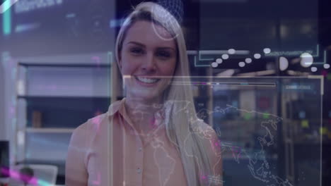 Smiling-woman-with-world-map-and-data-processing-animation-over-office-background