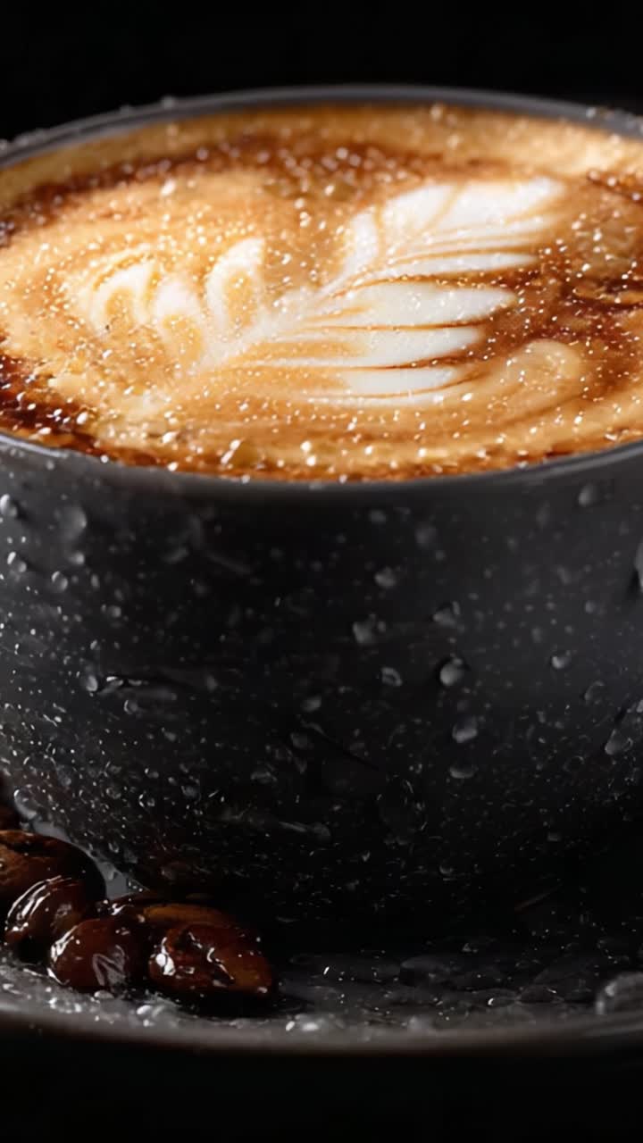 Nærbillede af en smukt udformet kop kaffe med indviklet latte art, der viser drikkens rige tekstur og præcise design mod en mørk baggrund