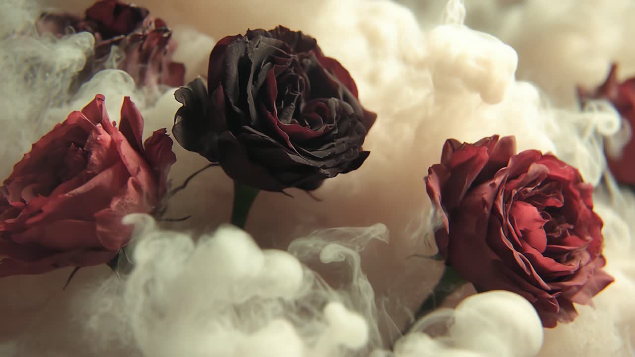 Natura morta accattivante di rose scure e chiare velate da fumo etereo, che crea un'atmosfera enigmatica di eleganza e mistero con colori contrastanti