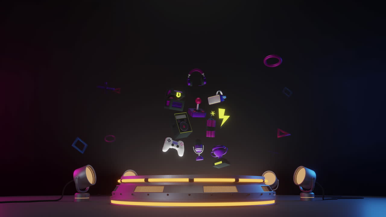 검은색 배경에 무대와 함께 네온 게임 기능의 애니메이션