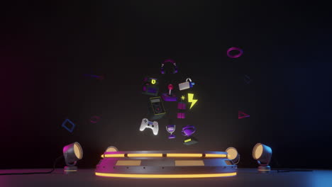 animation of neon gaming features with stage on black background