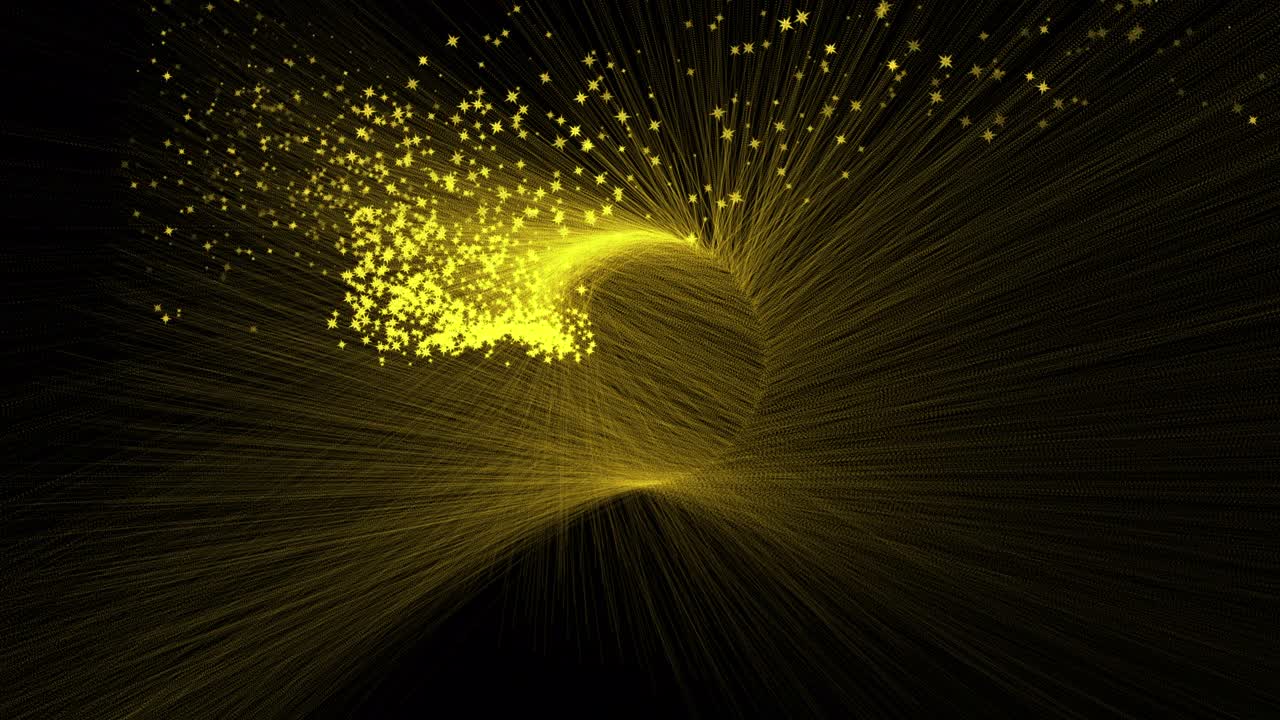 은 노란 빛의 별 입자 모션 대칭 스플래시 스 4k 3d 렌더링 추상적인 미래의 복잡한 와이어 프레임 테마 마이크로 월드, 테크노 또는 나노 테크놀로지