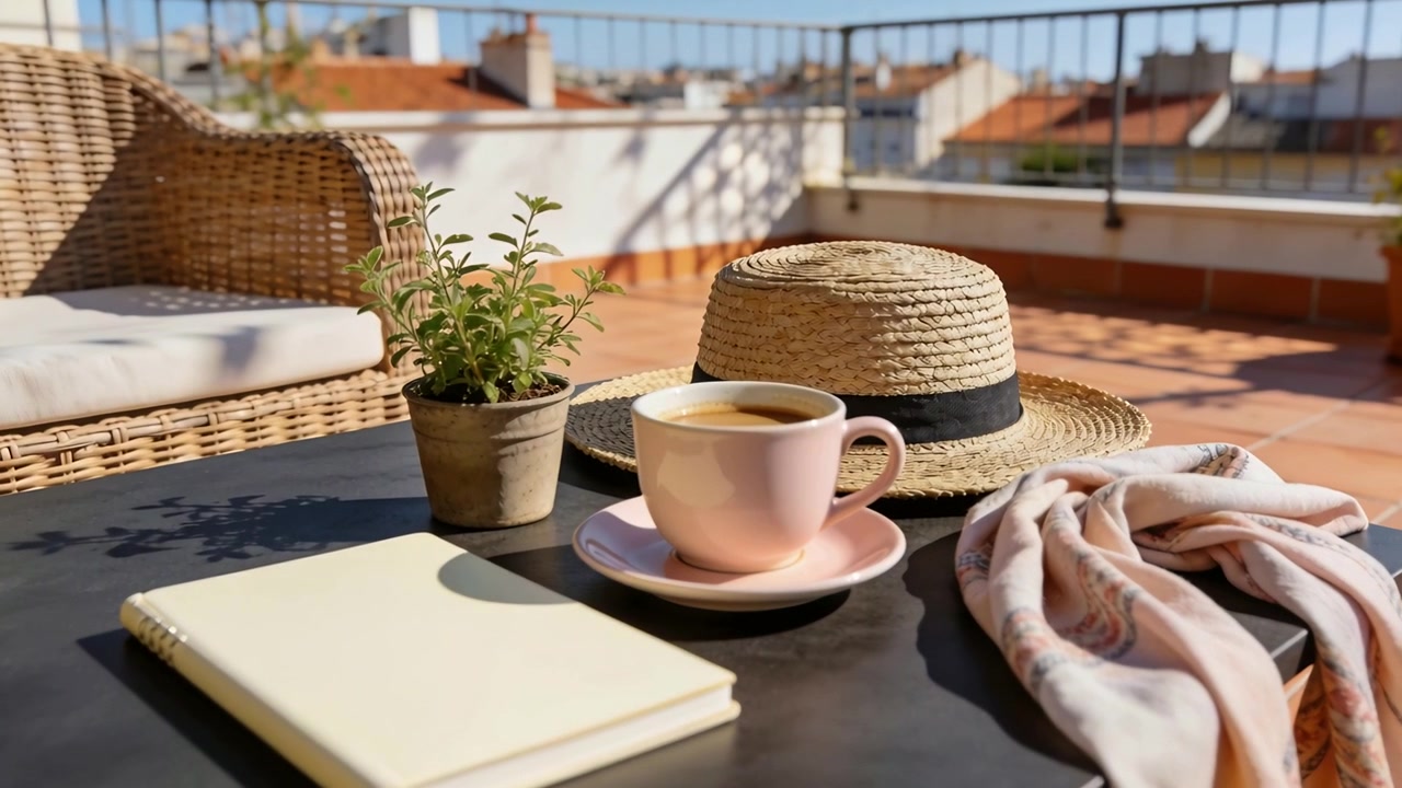 La telecamera si avvicina con uno zoom su un tavolo di una terrazza panoramica, rivelando una tazza rosa, un cappello di paglia e un taccuino.