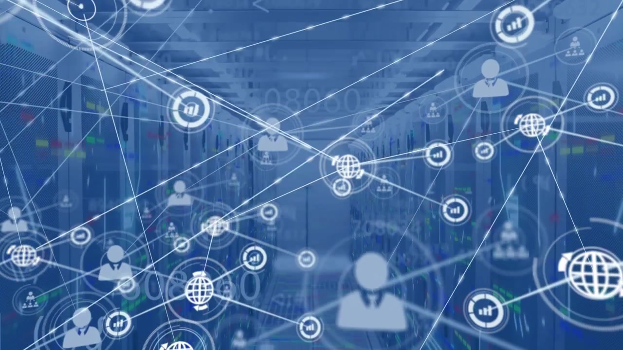 Animazione di una rete di connessioni con icone digitali e numeri su server di computer
