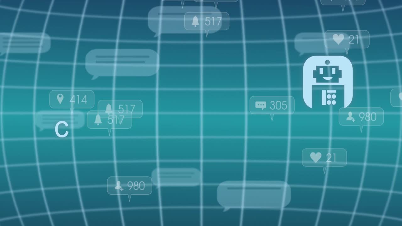 채팅 아이콘과 그리드와의 연결 네트워크로 데이터 처리의 애니메이션