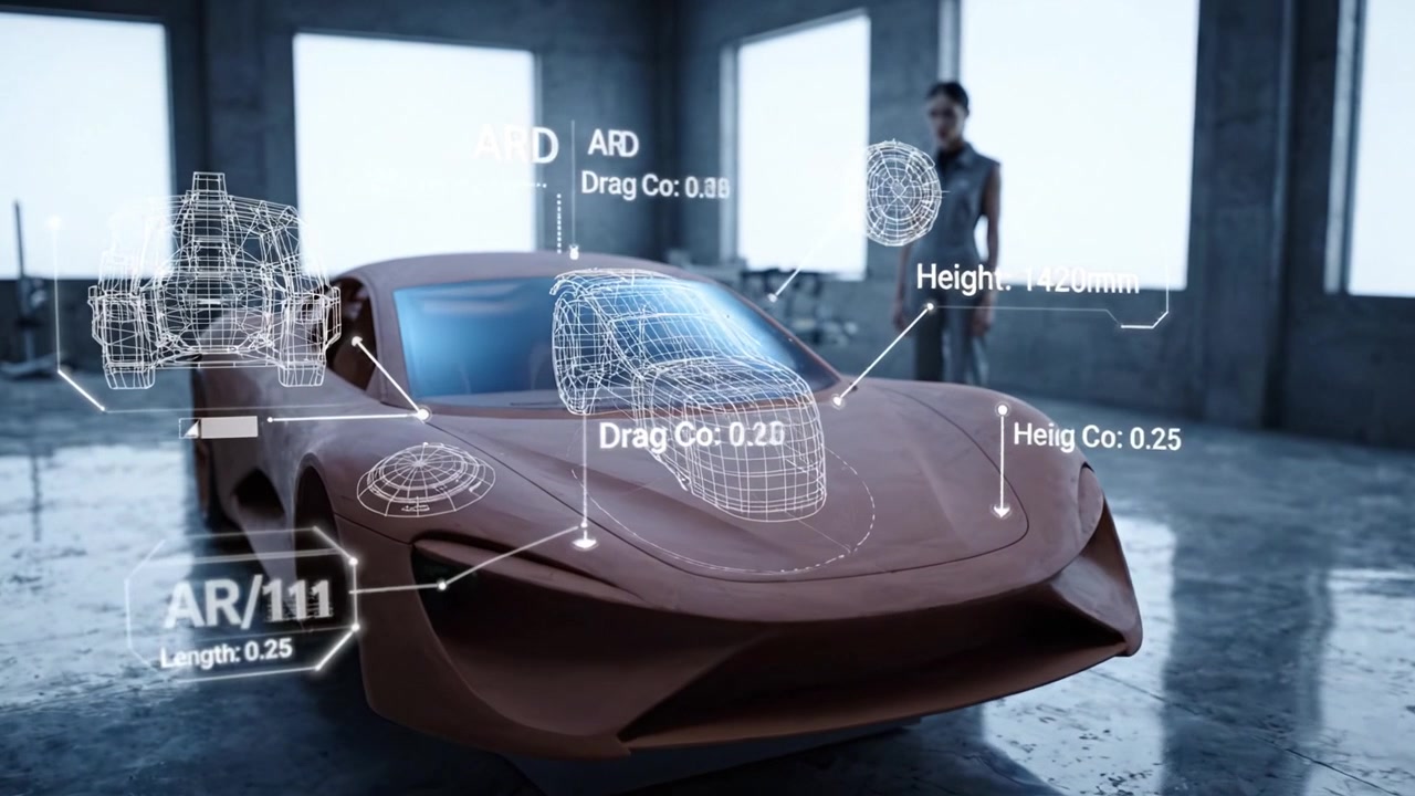 A sleek clay model of a contemporary sports car showcased in a modern design studio, with natural light illuminating the pristine surface and surroundings.