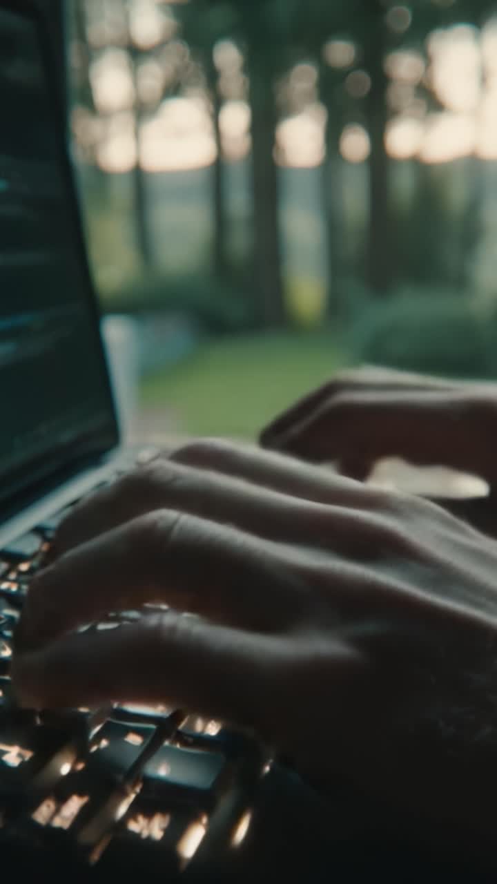 A Close-Up View of Hands in Motion on a Keyboard, Capturing the Intricacies of Coding and Digital Creativity Amidst a Scenic Outdoor Environment