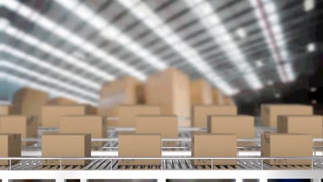 Animation-of-cardboard-boxes-moving-on-conveyor-belts-over-warehouse