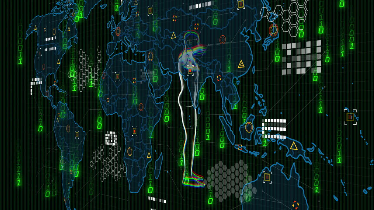 Digital human silhouette over world map with data and binary code animation