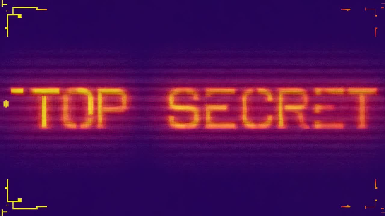 Changing TOP SECRET orange-to-cyan on purple screen as blue light creeping from right, HUD scanline