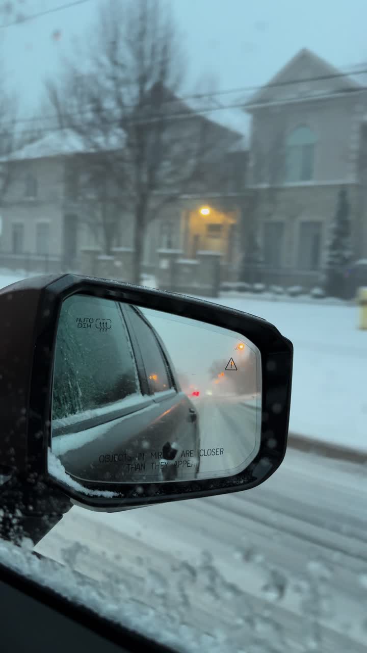 Snowflakes falling during a Toronto blizzard, seen from a car side mirror