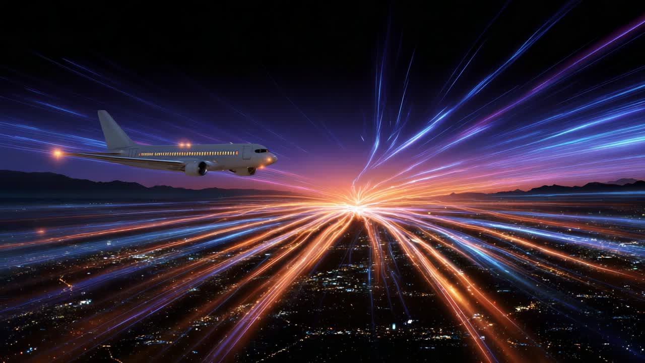 Airplane flying over city lights at night