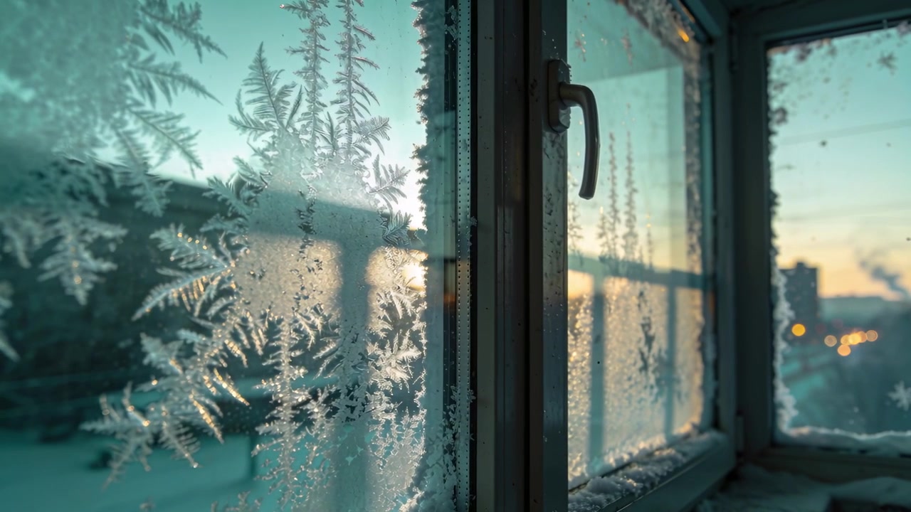 Catching sunrise, fern-like frost left pane and handle reflecting, camera shifting right at home