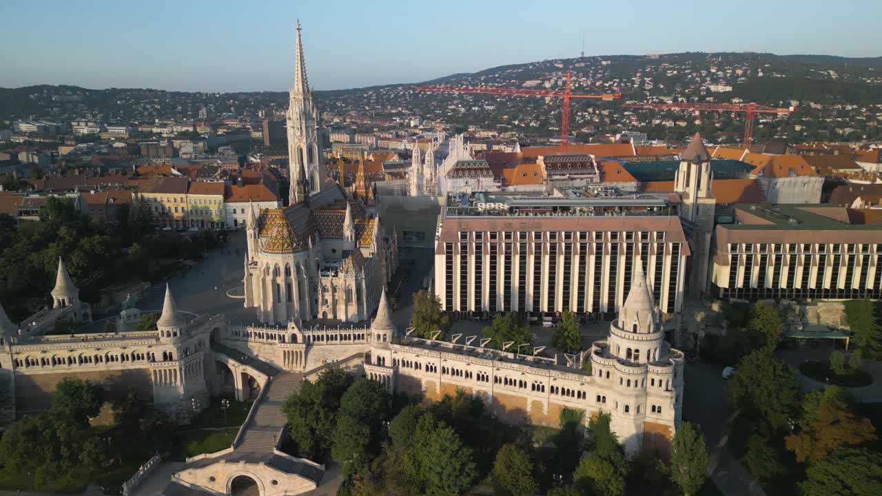 Sliding Aerial Shot Reveals Matthias Church, Fisherman's Bastion, Holy Trinity Square
