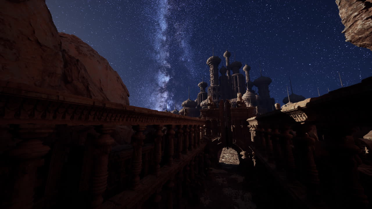 황홀한 사막 풍경에서 은하를 배경으로 웅장한 성이 높이 아 있습니다.