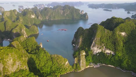 a dramatic drone shot over unesco world heritiage sight, halong bay in vientnam