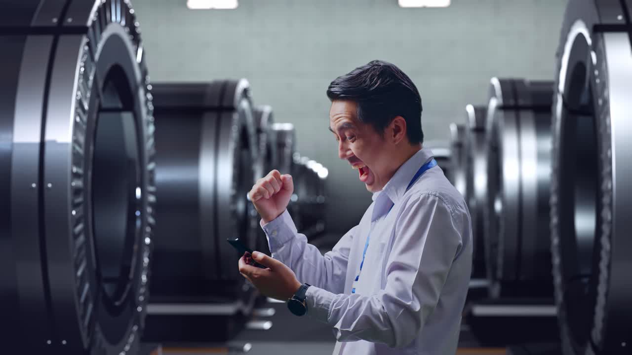 행복 한 사업가 가 공장 에서 성공 을 축하 하고 있다