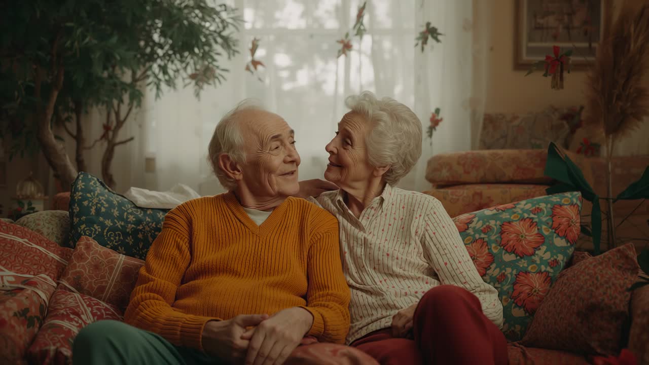 Coppia di anziani che guarda avanti, sorridendo e appoggiandosi a un divano floreale per comfort