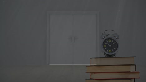 Animation-Eines-Weckers-Auf-Büchern-über-Dem-Tisch-Und-Licht,-Das-Durch-Das-Fenster-Strömt