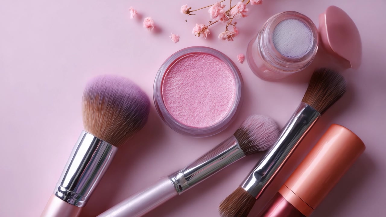 Beautifully arranged makeup essentials on a pastel pink surface showcasing brushes, powders, and floral touches for an elegant beauty aesthetic.