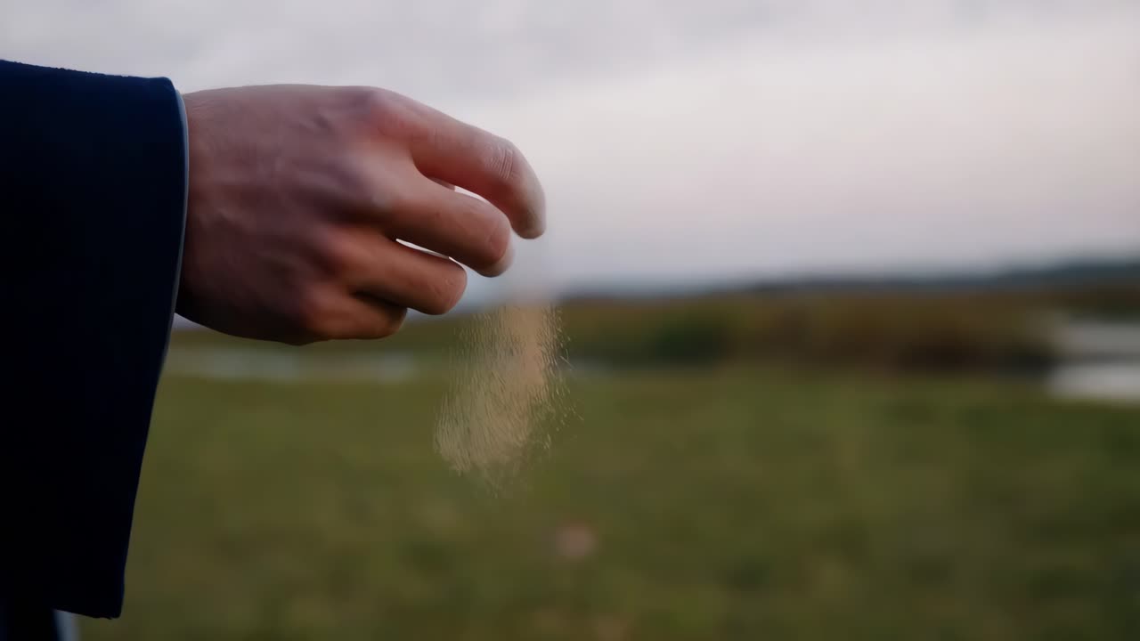 la mano cae la arena en la naturaleza