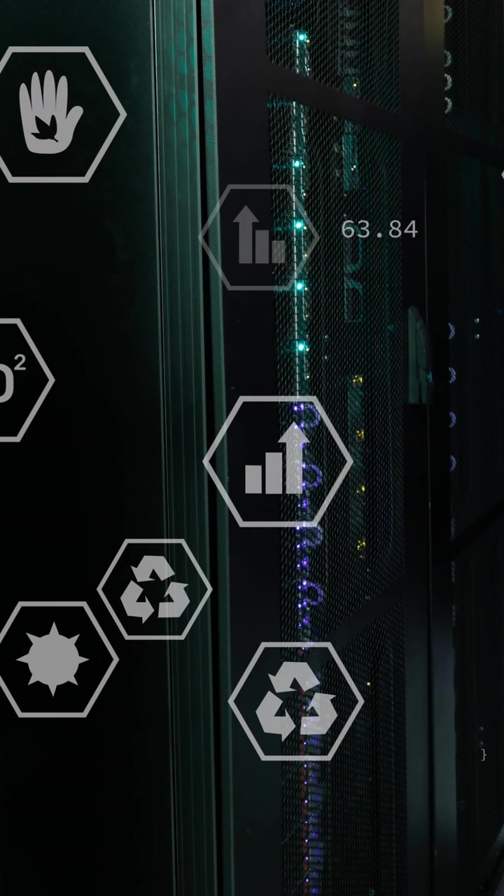 Animation of data processing with icons over server room